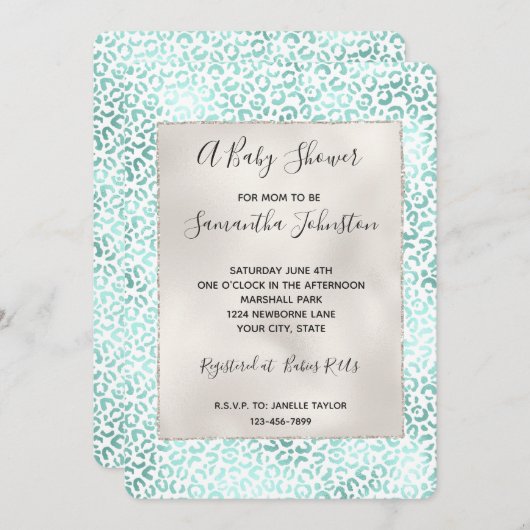 Invitation Girly Glam Mint Empreinte de léopard (Devant / Derrière)