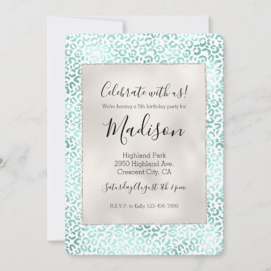 Invitation Girly Glam Mint Empreinte de léopard (Devant)