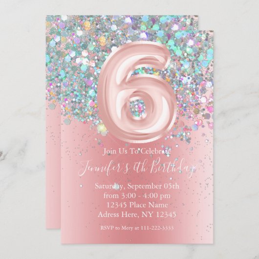 Invitation Girly Holographic Parties scintillant 6e Anniversa (Devant / Derrière)