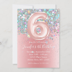 Invitation Girly Holographic Parties scintillant 6e Anniversa