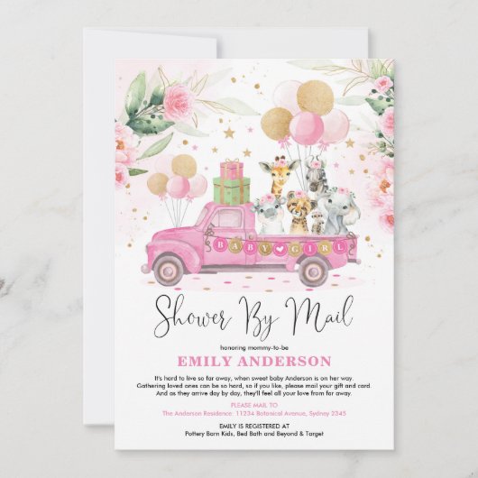 Invitation Girly Jungle Safari Animaux Baby shower Par Mail (Devant)
