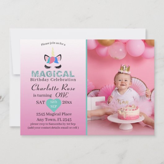 Invitation Girly Magic Unicorn rose 1er anniversaire (Devant)