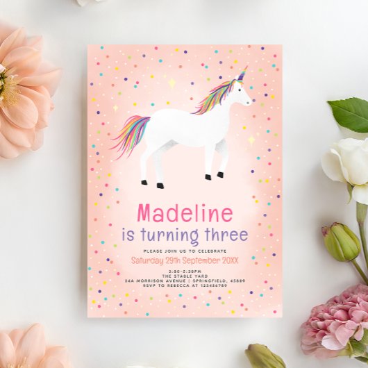 Invitation Girly Magical Cute Pink Unicorn Kids Birthday