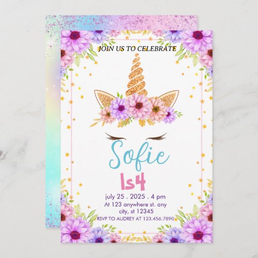 Invitation Girly Pastel Unicorn Magique Anniversaire (Devant / Derrière)