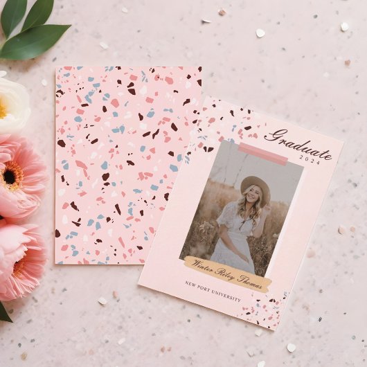 Invitation Girly Pink & Blue Terrazzo Diplôme Photo