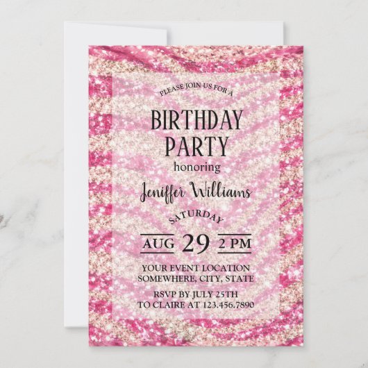 Invitation Girly Pink Blush Glitter Zebra Pattern             (Devant)