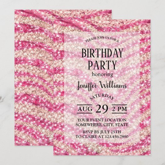 Invitation Girly Pink Blush Glitter Zebra Pattern             (Devant / Derrière)