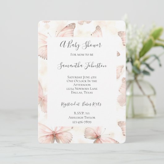 Invitation Girly Pink Butterflies Baby Shower (Debout devant)