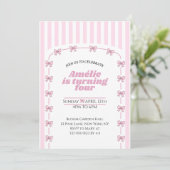 Invitation Girly Pink Coquette Bow Fourth Birthday Party (Debout devant)