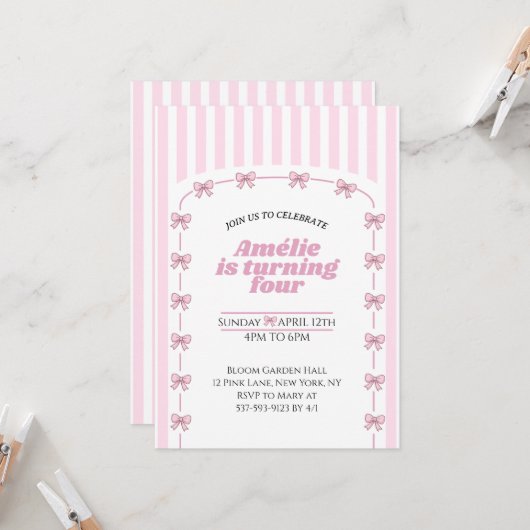 Invitation Girly Pink Coquette Bow Fourth Birthday Party (Devant/Arrière en situation)