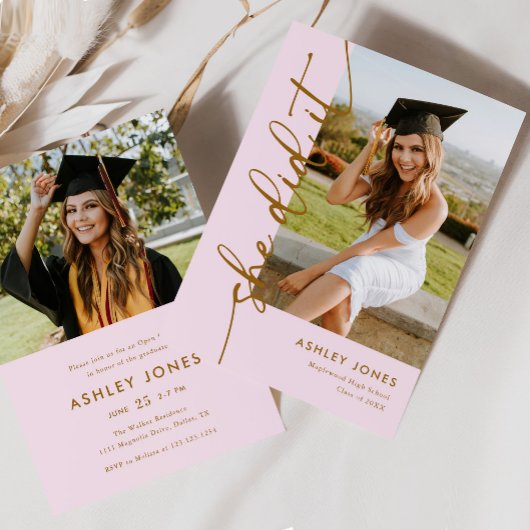 Invitation Girly Pink & Gold Elle L'A Fait Diplôme Photo