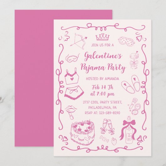 Invitation Girly Pink Hand Drawn Galentine's Pajama Party (Devant / Derrière)
