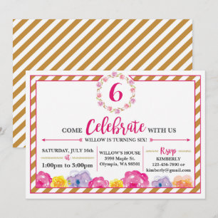 Invitation Girly rayée florale de fête