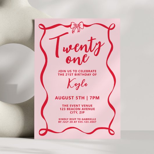 Invitation Girly Red Bow Coquette Twenty One 21st Birthday