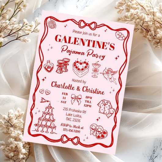 Invitation Girly Red Coquette Galentine's Pajama Party