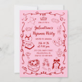 Invitation Girly Red Pink Hand Drawn Galentine's Pajama Party (Devant)