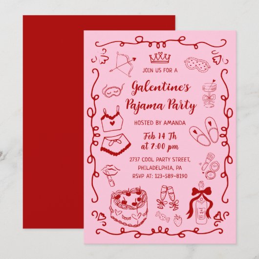 Invitation Girly Red Pink Hand Drawn Galentine's Pajama Party (Devant / Derrière)