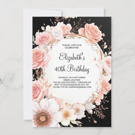 Invitation Girly Rose Gold imprimable 40e anniversaire (Devant)