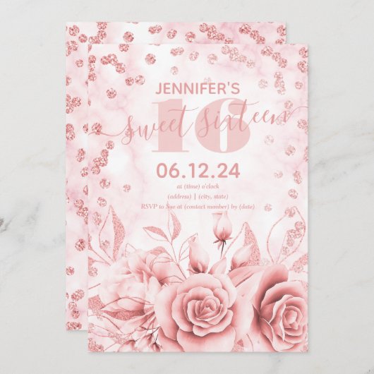 Invitation Girly Sweet 16th Marble Parties scintillant Rose o (Devant / Derrière)