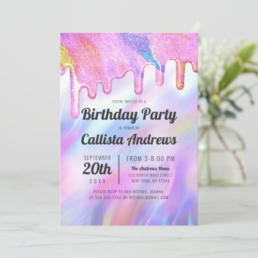 Invitation Girly Unicorn Holographic Parties scintillant Drit (Debout devant)
