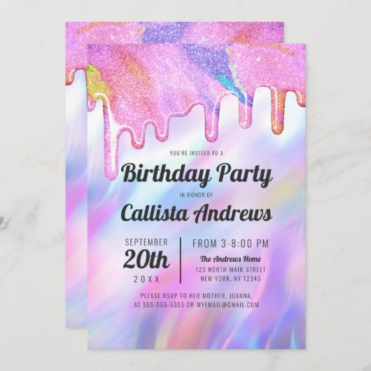 Invitation Girly Unicorn Holographic Parties scintillant Drit (Devant / Derrière)