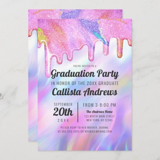 Invitation Girly Unicorn Holographic Parties scintillant Driv (Devant / Derrière)
