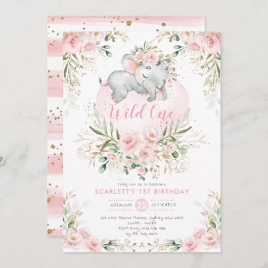 Invitation Girly Wild One Elephant Blush Floral 1er Anniversa (Devant / Derrière)
