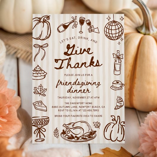 Invitation Give Thanks Hand Drawn Doodle Friendsgiving Dinner