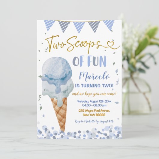 Invitation Glace Bleue Deux Scoops De Fun Second Anniversaire (Debout devant)