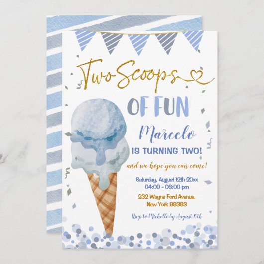 Invitation Glace Bleue Deux Scoops De Fun Second Anniversaire (Devant / Derrière)