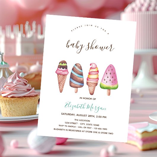 Invitation Glace, Cône Rayé Rose Baby Shower
