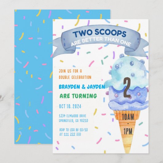 Invitation Glace Cream Twins Garçons Filles Deux Scoops Anniv (Devant / Derrière)