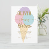 Invitation Glace Crème Or Foil Calligraphie Anniversaire (Debout devant)