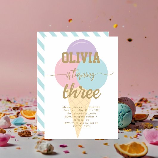 Invitation Glace Crème Or Foil Calligraphie Anniversaire