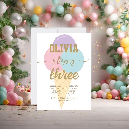 Invitation Glace Crème Or Foil Calligraphie Anniversaire