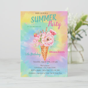 Invitation Glace Fleurs Fruits Été Tye Dye Anniversaire