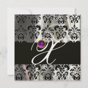 INVITATION GLACE NOIRE SOIE DAMASSÉE MONOGRAMME POURPRE AMÉTH