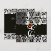 INVITATION GLACE NOIRE SOIE DAMASSÉE MONOGRAMME  ROUGE RUBIS (Devant / Derrière)