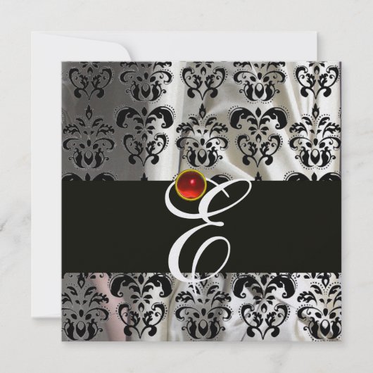 INVITATION GLACE NOIRE SOIE DAMASSÉE MONOGRAMME  ROUGE RUBIS (Devant)