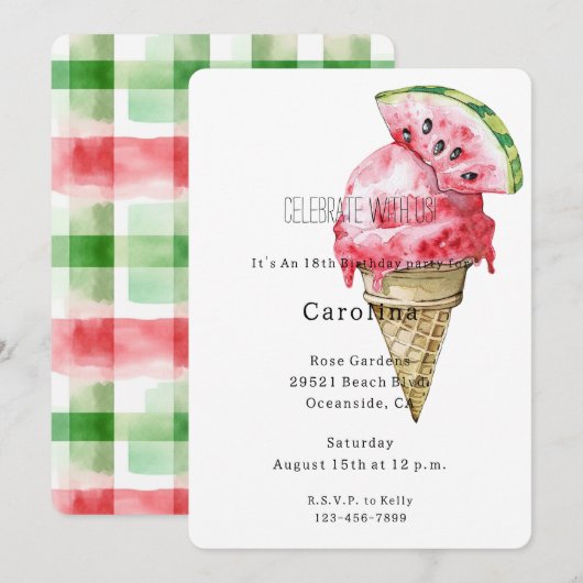 Invitation Glace Pastèque Verte Rouge Cône Anniversaire (Devant / Derrière)