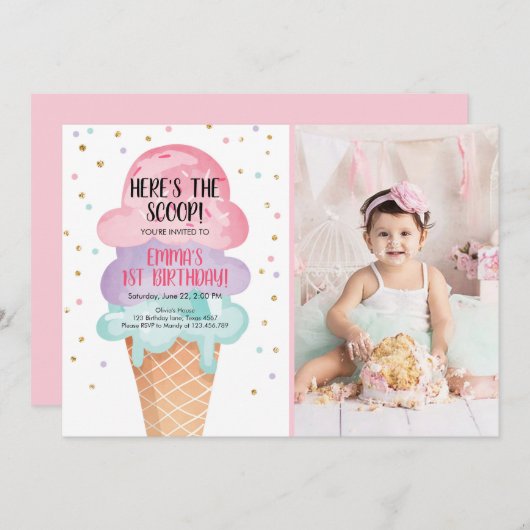 Invitation Glace Social Voici la Scoop Confetti Rose (Devant / Derrière)