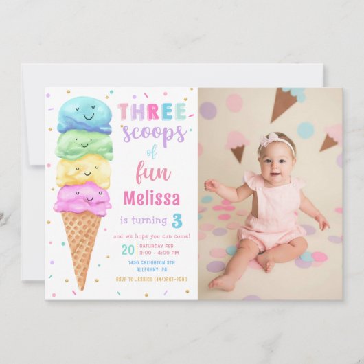 Invitation Glace Trois Scoops de Fun Birthday Photo (Devant)