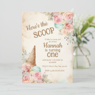 Invitation Glace vintage, fleurs et cône de glace