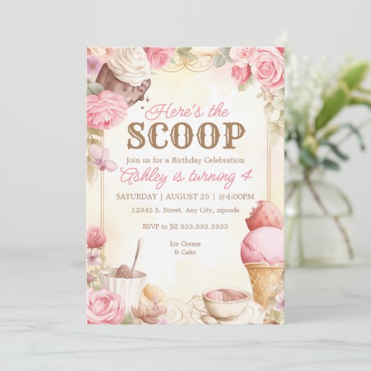 Invitation Glace vintage pour fête glace rose (Debout devant)