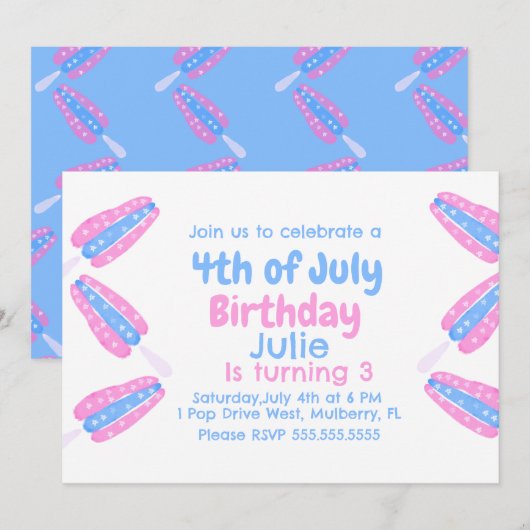 Invitation glacée au aquarelle du 4 juillet (Devant / Derrière)