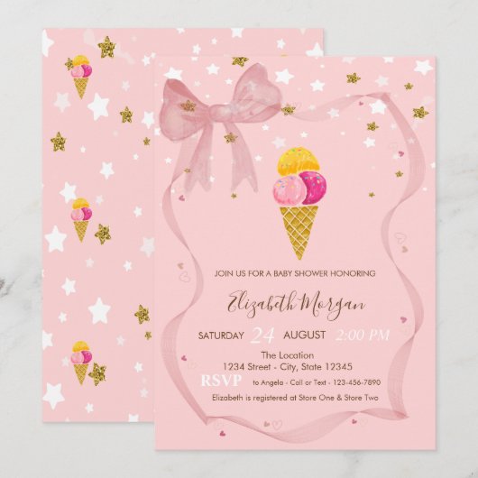 Invitation Glaces Stars Baby shower Bow rose (Devant / Derrière)