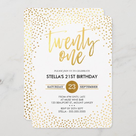 Invitation GLAM 21E ANNIVERSAIRE FÊTE mini en or confetti noi (Devant / Derrière)