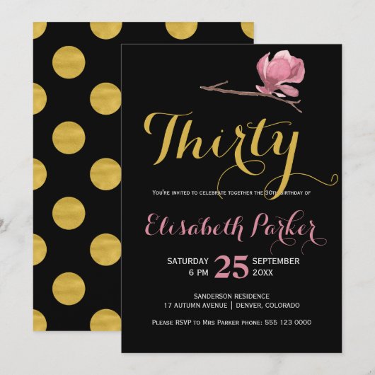 Invitation Glam 30e anniversaire or noir poka dot floral (Devant / Derrière)