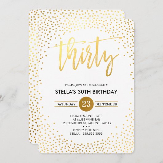 Invitation GLAM 30E FÊTE D'ANNIVERSAIRE mini confetti en or i (Devant / Derrière)