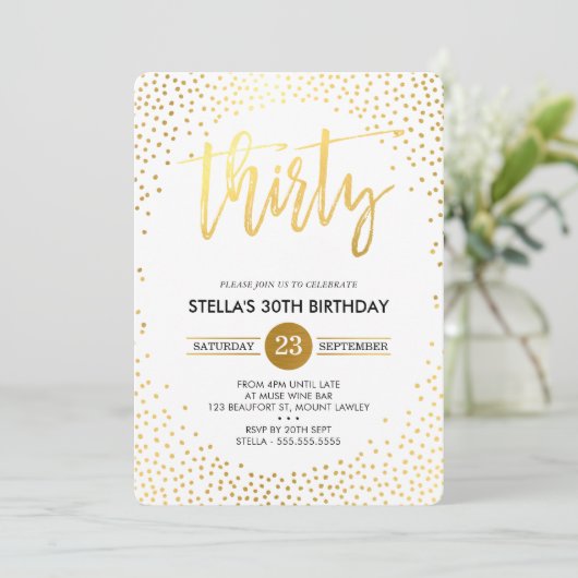Invitation GLAM 30E FÊTE D'ANNIVERSAIRE mini confetti en or i (Debout devant)
